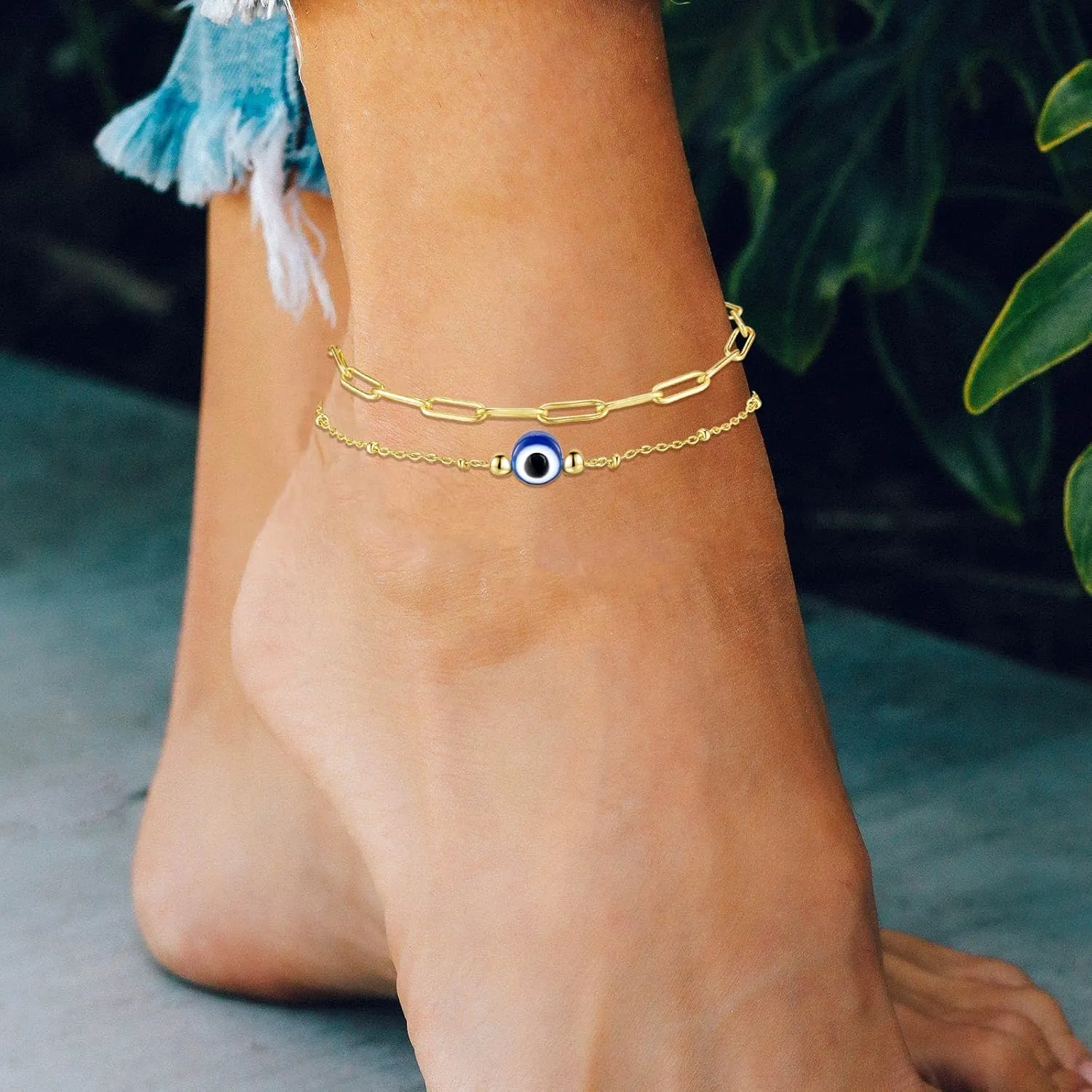 Evil Eye Bracelet for Women Blue Eye Anklet Link Chain Bracelets 14K Gold Adjustable Charm Jewelry Gift for Women
