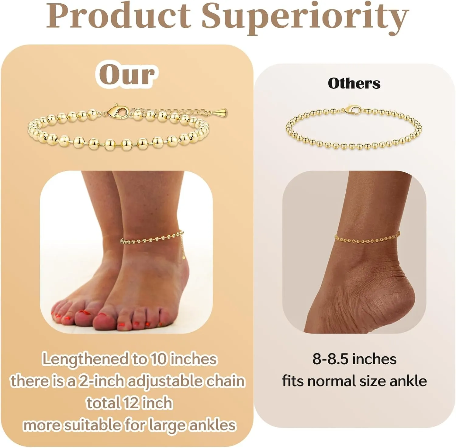 Extra Large Anklets for Women Large Ankle, 14K Real Gold Dainty Anklets for Women Waterproof, 10" 2" Adjustable Large Ankle Bracelets for Women Plus Size, Ankle Bracelets for Women Trendy