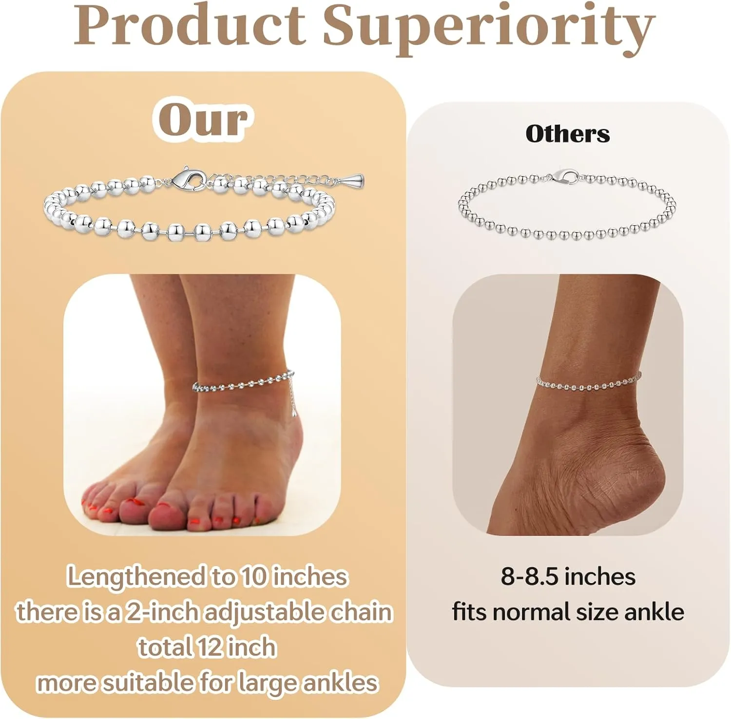 Extra Large Anklets for Women Large Ankle, 14K Real Gold Dainty Anklets for Women Waterproof, 10" 2" Adjustable Large Ankle Bracelets for Women Plus Size, Ankle Bracelets for Women Trendy