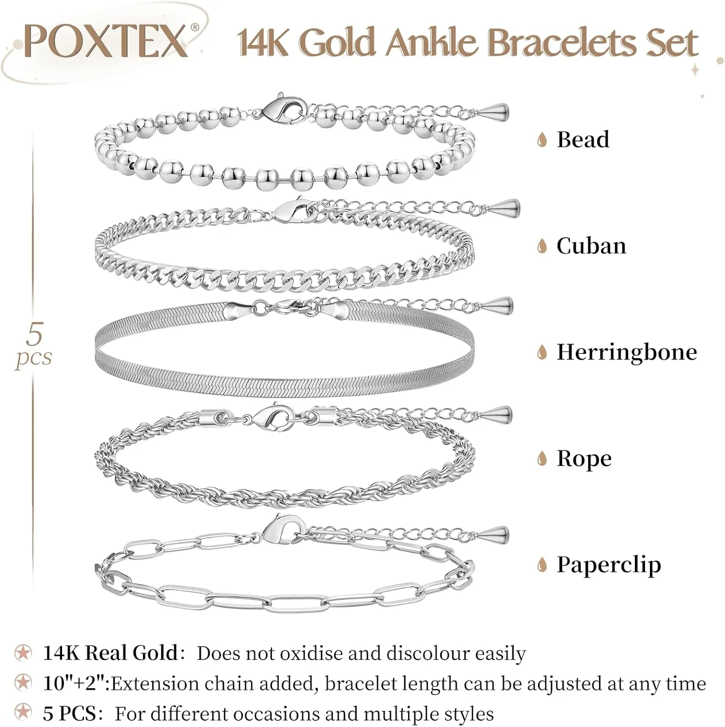 Extra Large Anklets for Women Large Ankle, 14K Real Gold Dainty Anklets for Women Waterproof, 10" 2" Adjustable Large Ankle Bracelets for Women Plus Size, Ankle Bracelets for Women Trendy