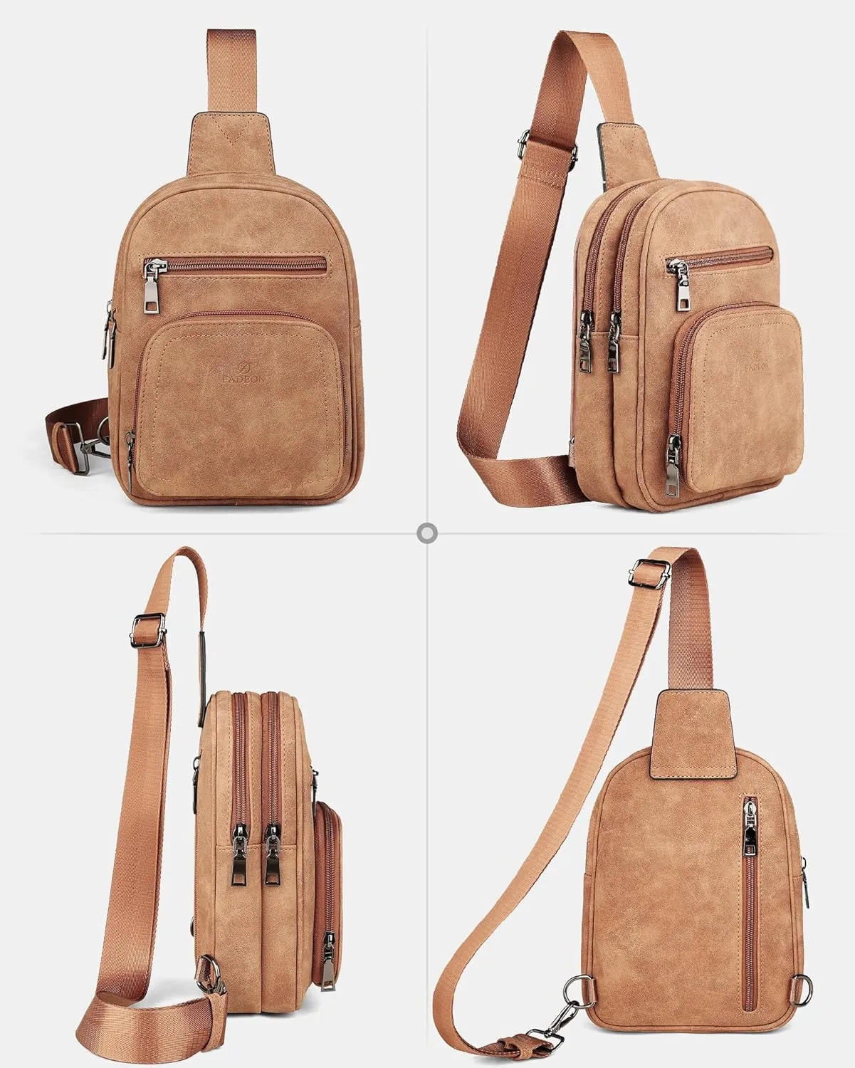 FADEON Women Sling Bags Designer Crossbody Bag, PU Leather Sling Purse Multi-Pocket Packs with Card Slot Suede Brown