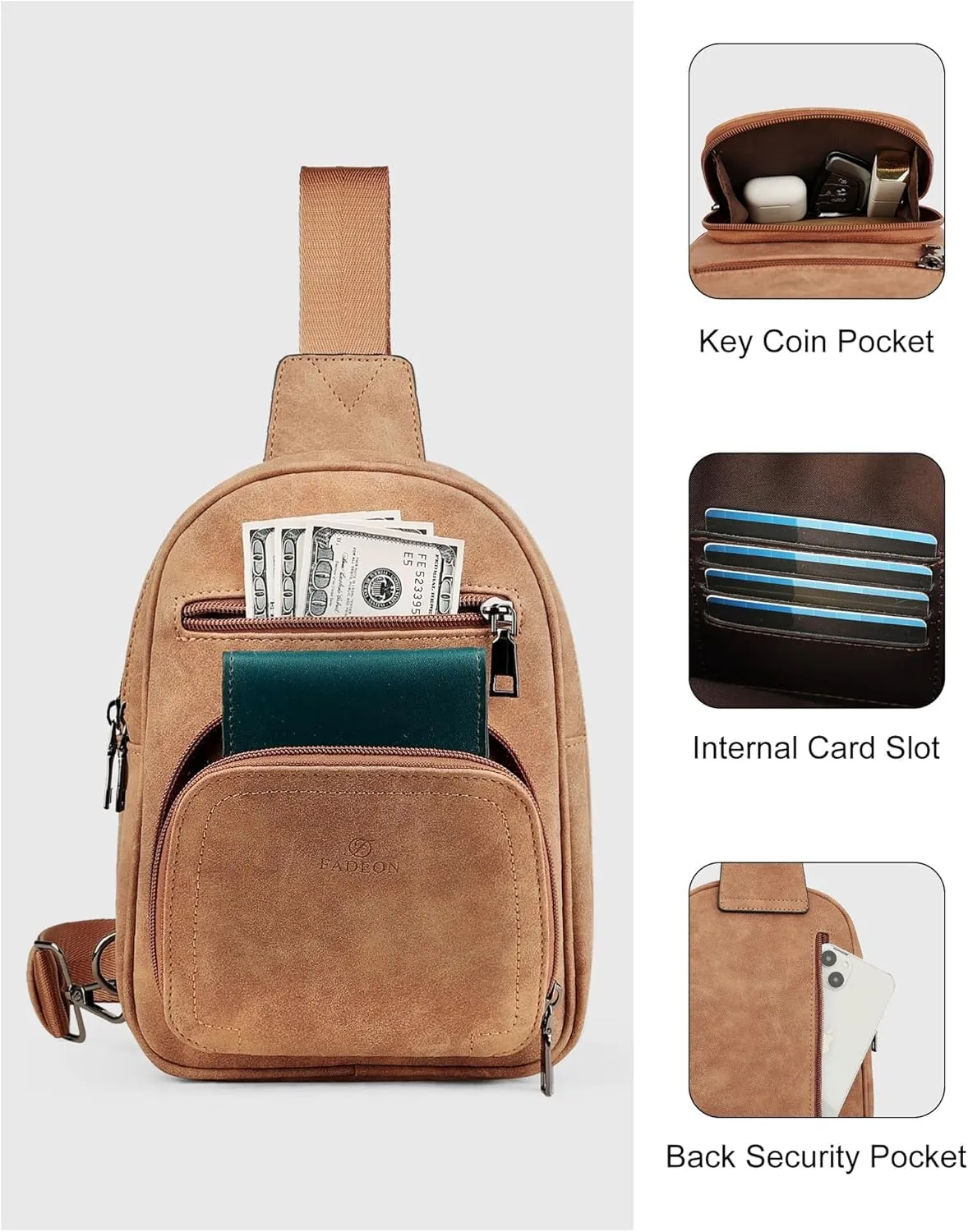 FADEON Women Sling Bags Designer Crossbody Bag, PU Leather Sling Purse Multi-Pocket Packs with Card Slot Suede Brown