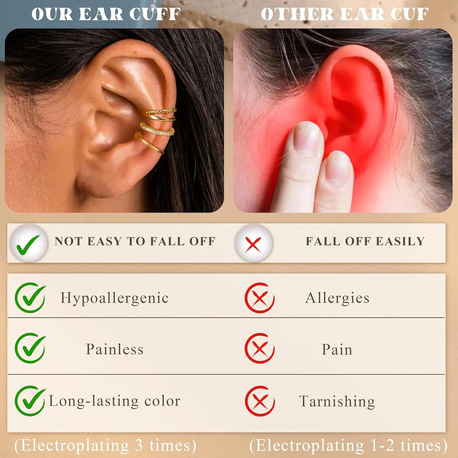 Fansilver 3Pcs Ear Cuff Earrings for Women Non Piercing14K Gold Plated Ear Cuffs Clip on Cartilage Earrings Adjustable Fake Earrings Lightweight