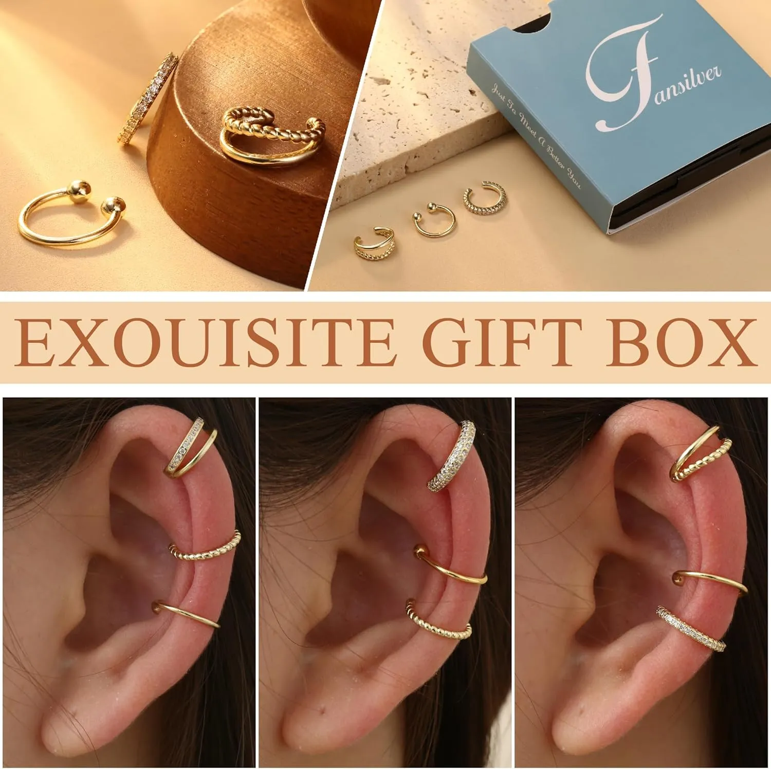 Fansilver 3Pcs Ear Cuff Earrings for Women Non Piercing14K Gold Plated Ear Cuffs Clip on Cartilage Earrings Adjustable Fake Earrings Lightweight
