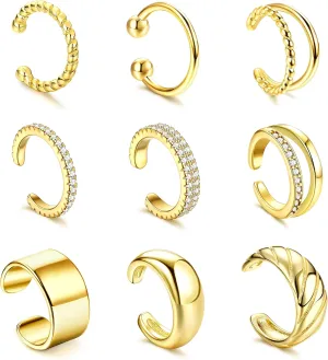 FASACCO 9Pcs 14K Gold Plated Ear Cuffs Non Piercing Gold Ear Cuffs Hypoallergenic for Sensitive Ears Trendy Clip on Cartilage Earrings for Women Lightweight