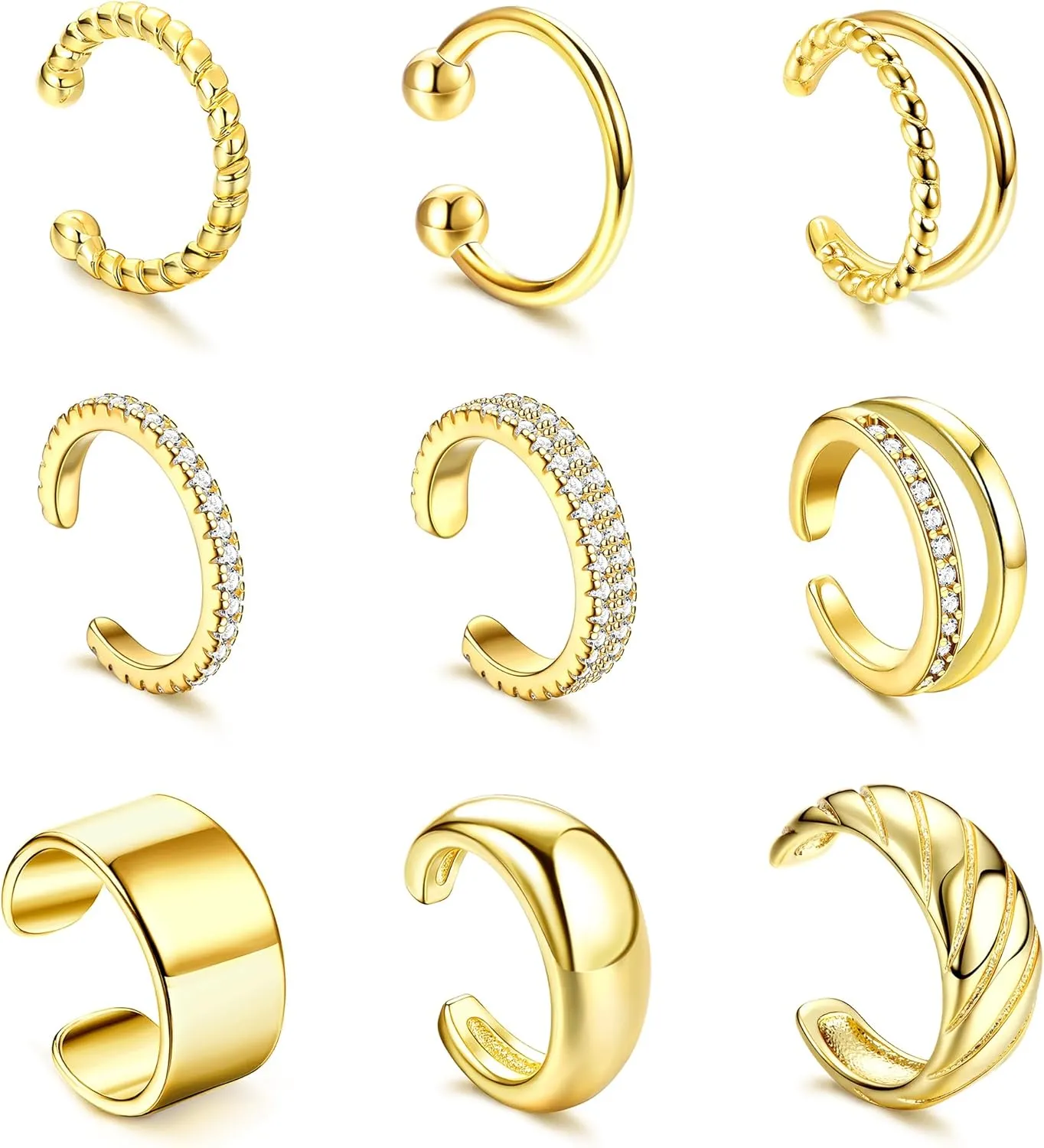 FASACCO 9Pcs 14K Gold Plated Ear Cuffs Non Piercing Gold Ear Cuffs Hypoallergenic for Sensitive Ears Trendy Clip on Cartilage Earrings for Women Lightweight