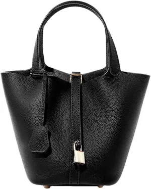 Fashion Genuine Leather Bucket Bag with Inner and Lock Handbag Tote Bag Purses for Shopping Travel Business School(Black)