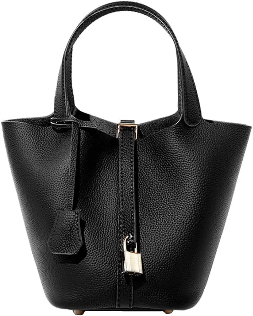 Fashion Genuine Leather Bucket Bag with Inner and Lock Handbag Tote Bag Purses for Shopping Travel Business School(Black)