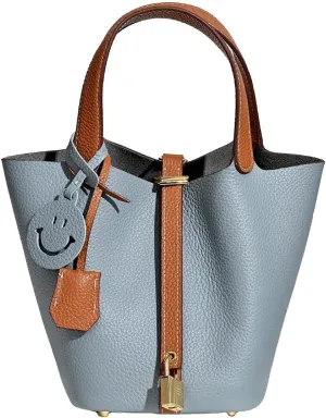 Fashion Genuine Leather Bucket Bag with Inner and Lock Handbag Tote Bag Purses for Shopping Travel Business School(Blue-Brown)