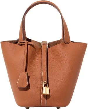 Fashion Genuine Leather Bucket Bag with Inner and Lock Handbag Tote Bag Purses for Shopping Travel Business School(Browns)