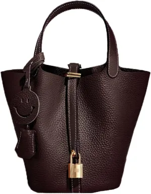 Fashion Genuine Leather Bucket Bag with Inner and Lock Handbag Tote Bag Purses for Shopping Travel Business School(Ebony)