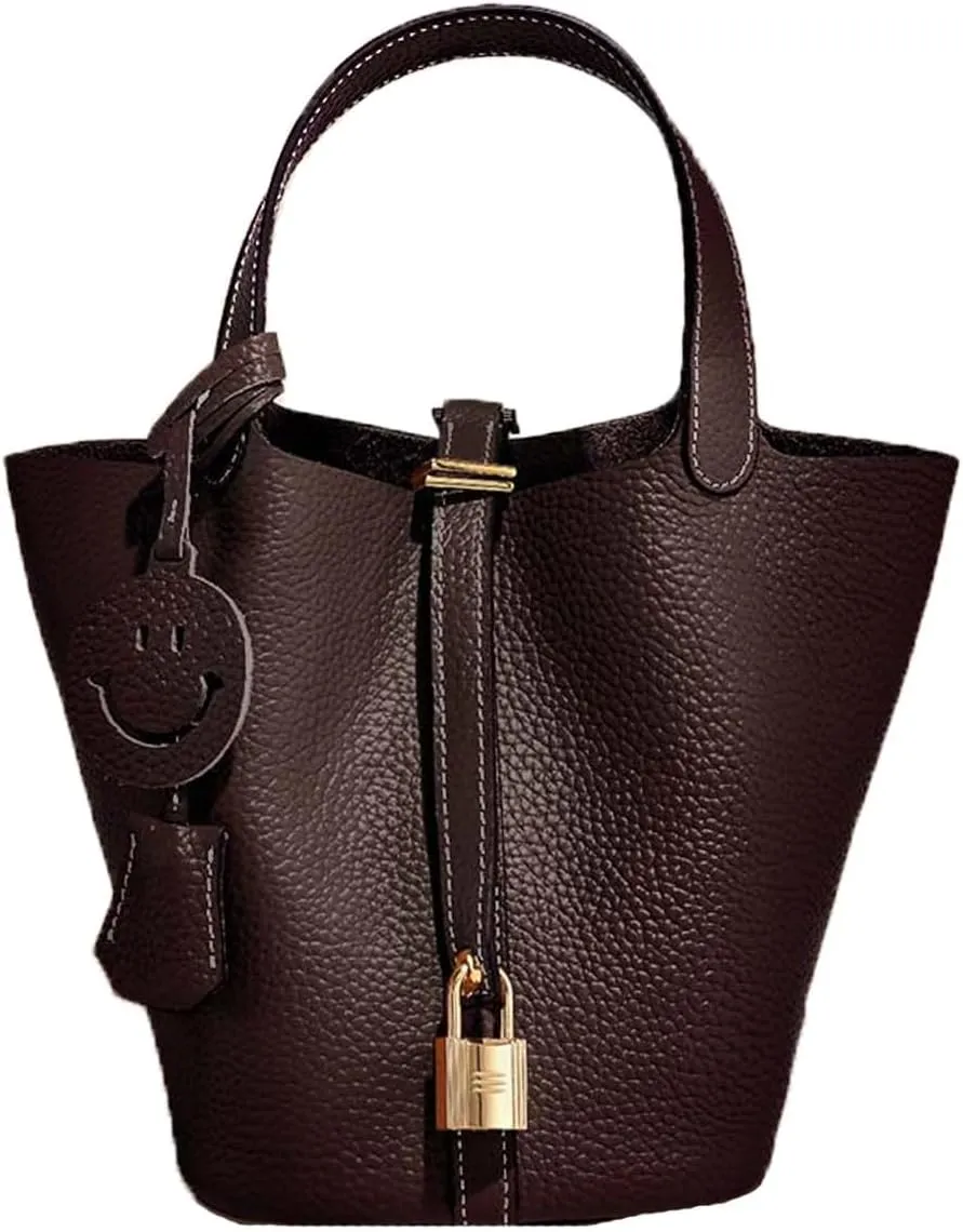 Fashion Genuine Leather Bucket Bag with Inner and Lock Handbag Tote Bag Purses for Shopping Travel Business School(Ebony)