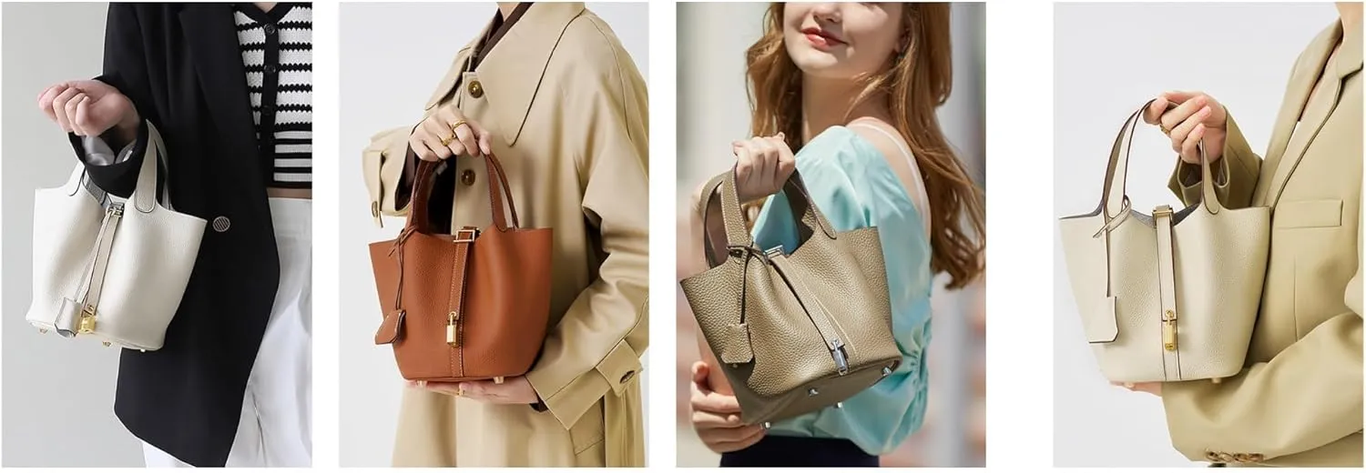 Fashion Genuine Leather Bucket Bag with Inner and Lock Handbag Tote Bag Purses for Shopping Travel Business School(Ebony)