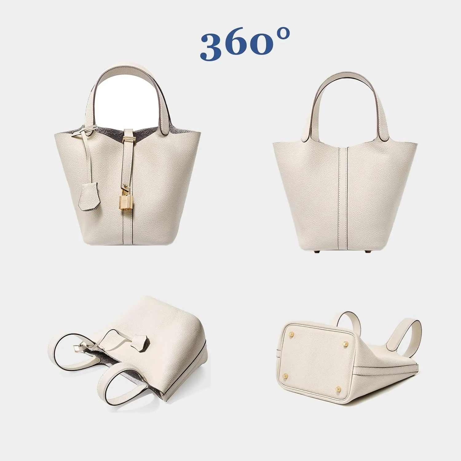 Fashion Genuine Leather Bucket Bag with Inner and Lock Handbag Tote Bag Purses for Shopping Travel Business School(Ebony)