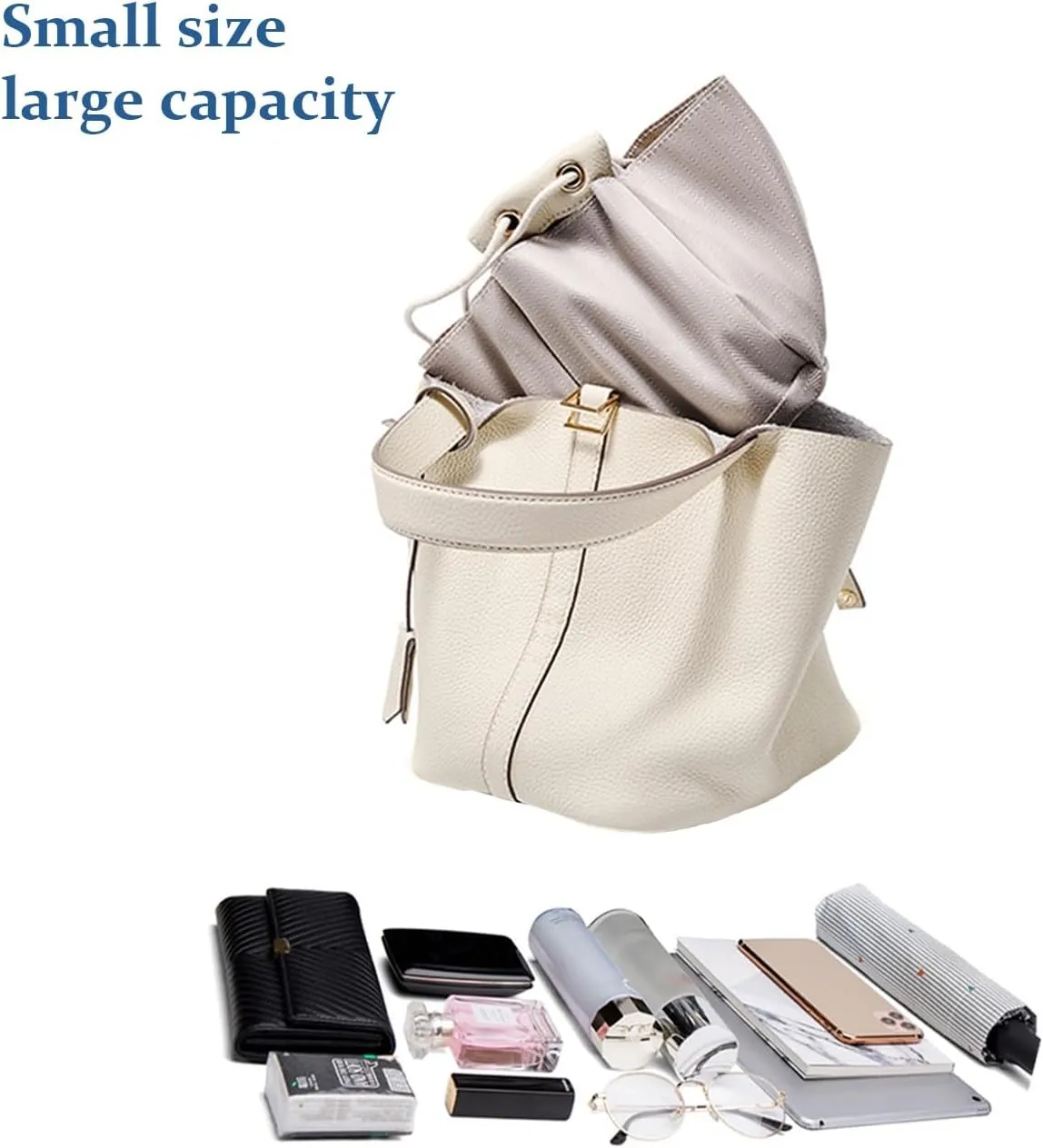 Fashion Genuine Leather Bucket Bag with Inner and Lock Handbag Tote Bag Purses for Shopping Travel Business School(Ebony)