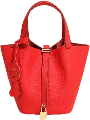 Fashion Genuine Leather Bucket Bag with Inner and Lock Handbag Tote Bag Purses for Shopping Travel Business School(Red)