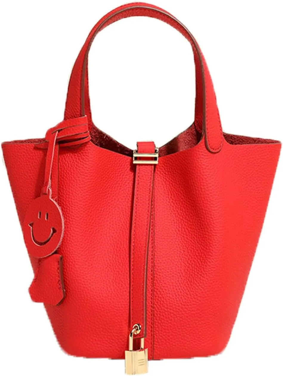 Fashion Genuine Leather Bucket Bag with Inner and Lock Handbag Tote Bag Purses for Shopping Travel Business School(Red)