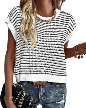 FEKOAFE Women's 2025 Crew Neck Striped Color Block Short Sleeve Knit Sweaters Fashion Spring Summer Pullovers Tops