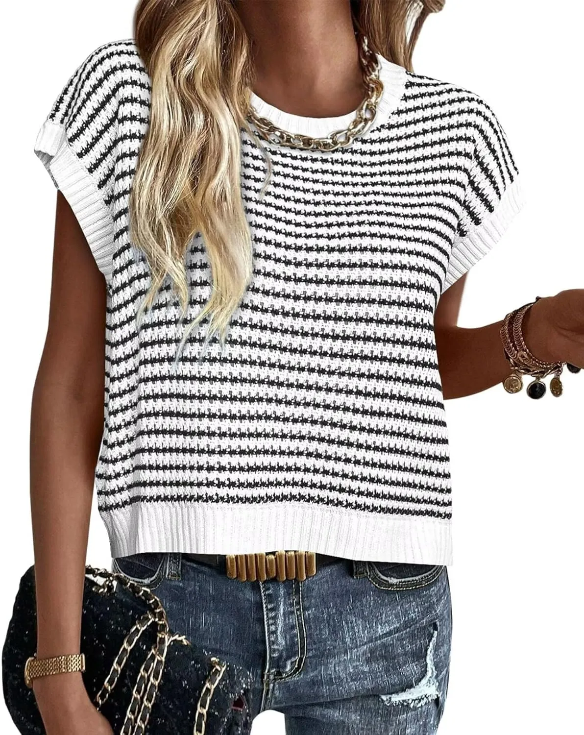 FEKOAFE Women's 2025 Crew Neck Striped Color Block Short Sleeve Knit Sweaters Fashion Spring Summer Pullovers Tops