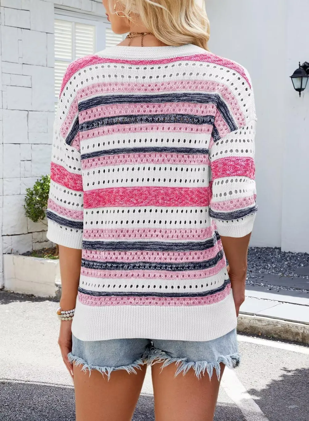 FEKOAFE Women's 2025 Spring Striped Color Block Short Sleeve Knit Sweaters Fashion V Neck Hollow Out Pullovers Tops