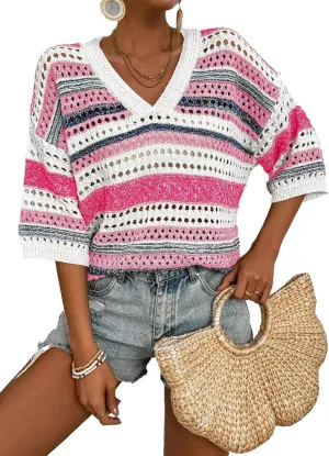 FEKOAFE Women's 2025 Spring Striped Color Block Short Sleeve Knit Sweaters Fashion V Neck Hollow Out Pullovers Tops