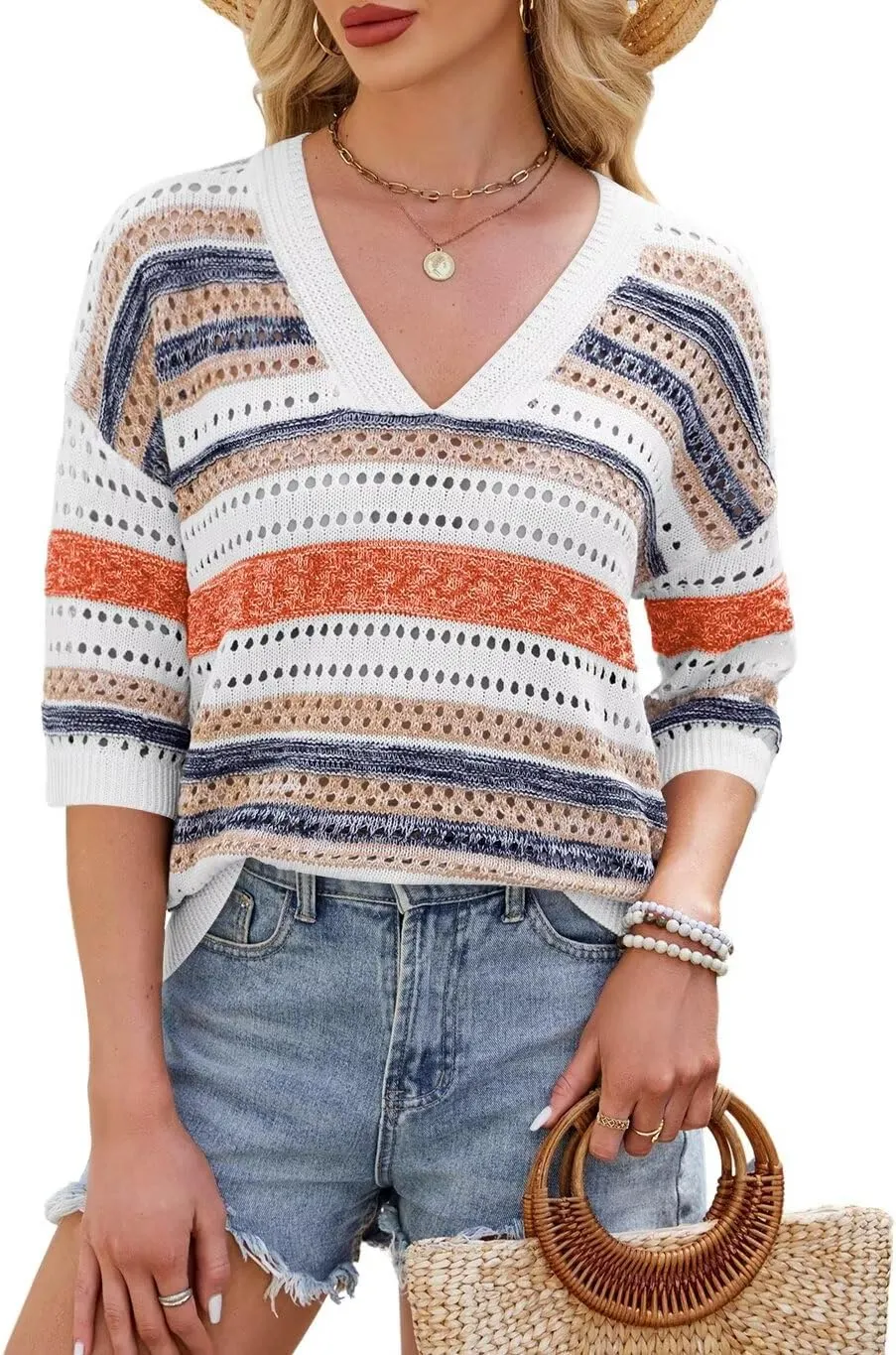 FEKOAFE Women's 2025 Spring Striped Color Block Short Sleeve Knit Sweaters Fashion V Neck Hollow Out Pullovers Tops