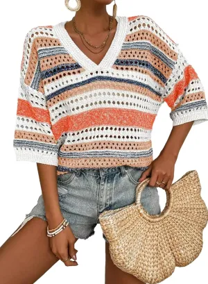 FEKOAFE Women's 2025 Spring Striped Color Block Short Sleeve Knit Sweaters Fashion V Neck Hollow Out Pullovers Tops