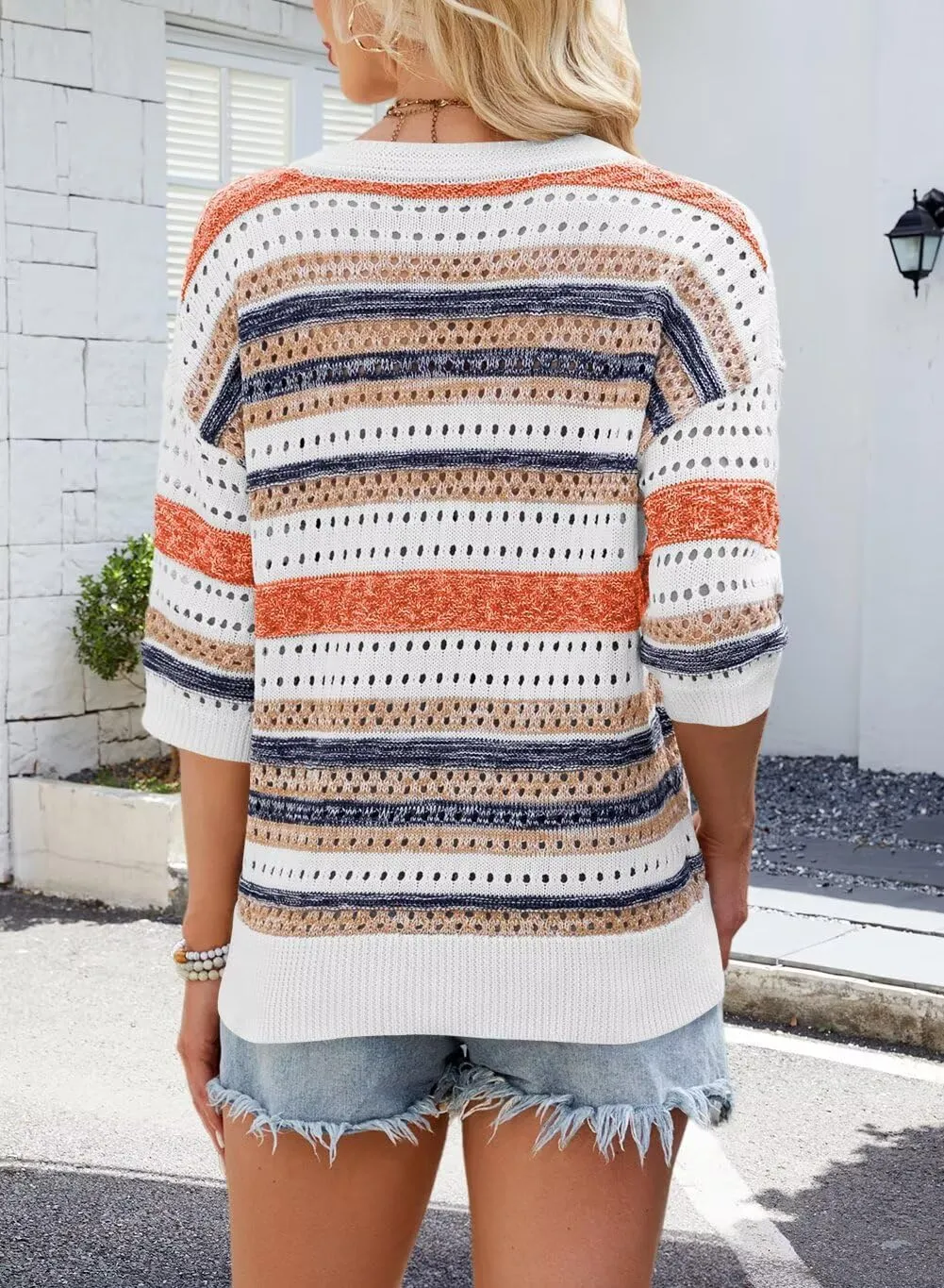 FEKOAFE Women's 2025 Spring Striped Color Block Short Sleeve Knit Sweaters Fashion V Neck Hollow Out Pullovers Tops