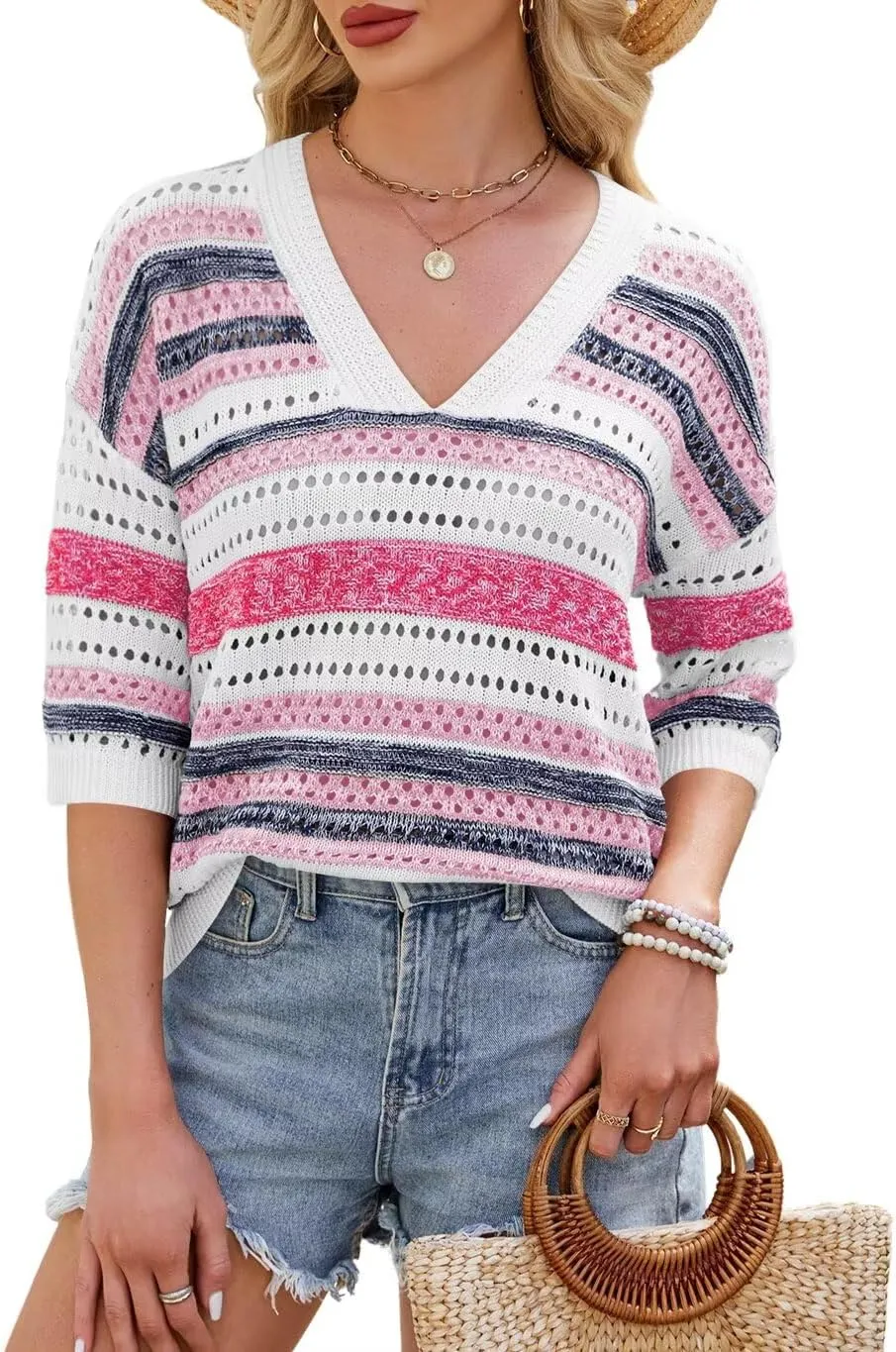 FEKOAFE Women's 2025 Spring Striped Color Block Short Sleeve Knit Sweaters Fashion V Neck Hollow Out Pullovers Tops