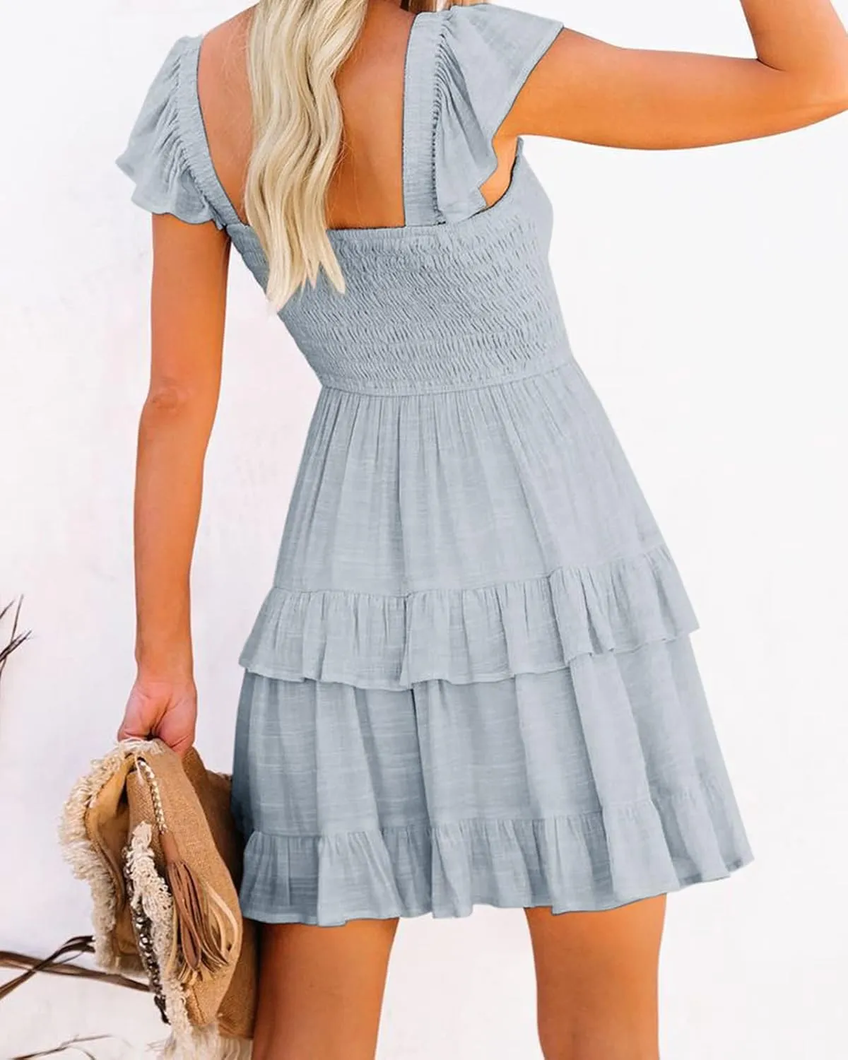 Fessceruna Womens Summer Ruffle Dresses Elastic Empire Waist A-line Layered Swing Flowy Mini Dress