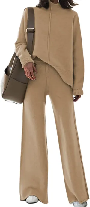 Fixmatti Women Knit Sweatsuit Turtleneck Sweater Top and Wide Leg Pant 2 Piece Outfits