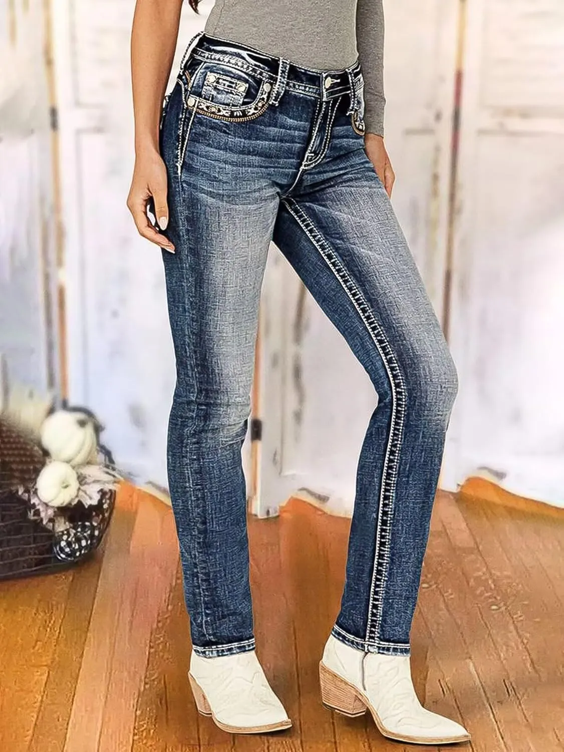 Flamingals Women's Embroidery Pocket Detail Skinny Jeans Low Waist Casual Pants