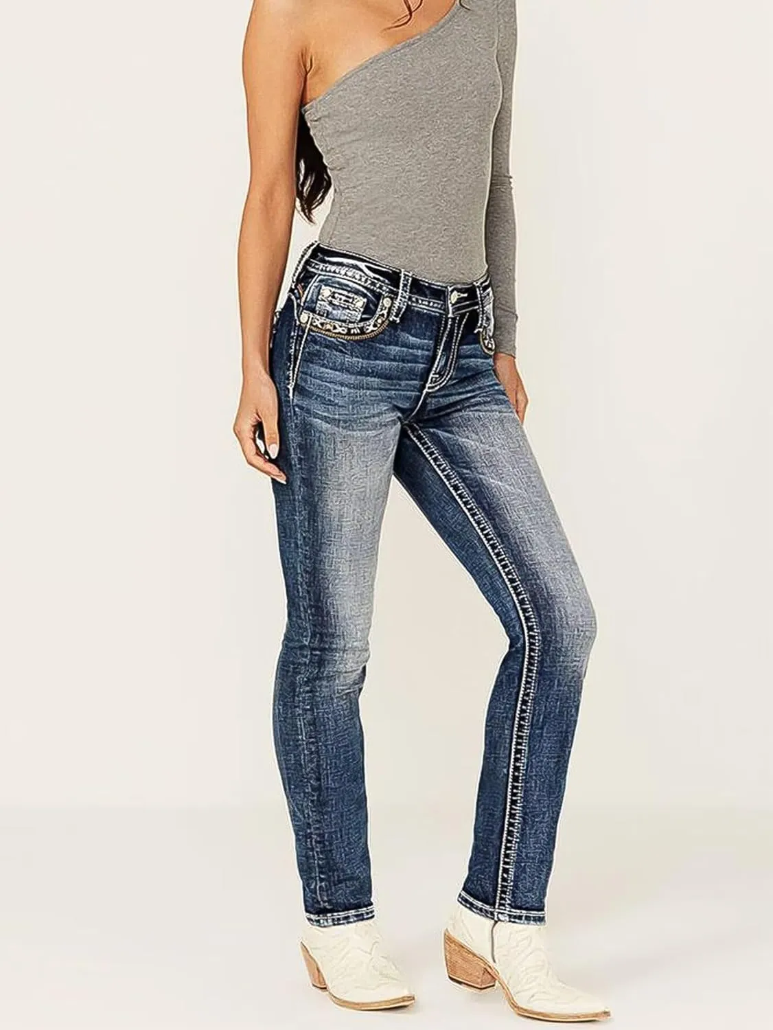 Flamingals Women's Embroidery Pocket Detail Skinny Jeans Low Waist Casual Pants