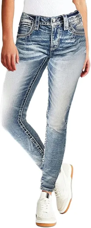 Flamingals Women's Embroidery Pocket Detail Skinny Jeans Low Waist Casual Pants