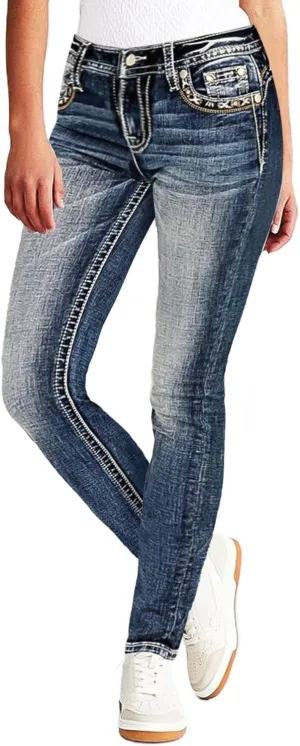 Flamingals Women's Embroidery Pocket Detail Skinny Jeans Low Waist Casual Pants