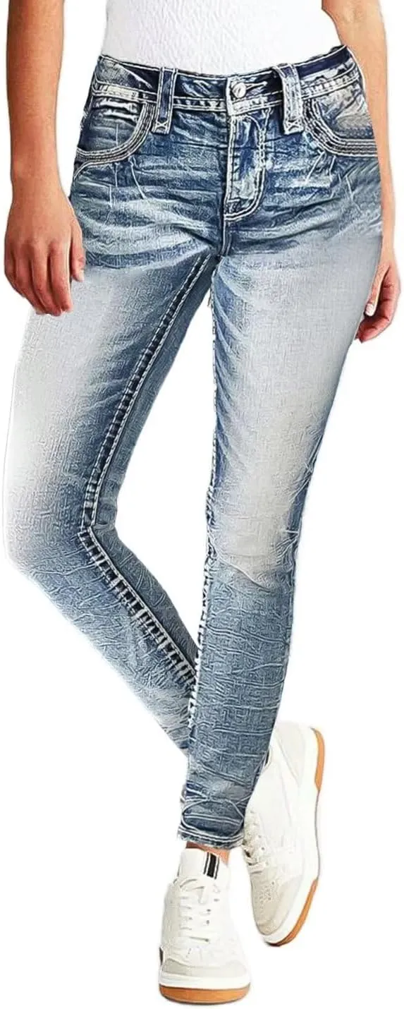 Flamingals Women's Embroidery Pocket Detail Skinny Jeans Low Waist Casual Pants