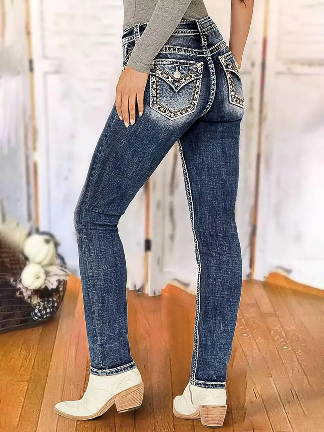 Flamingals Women's Embroidery Pocket Detail Skinny Jeans Low Waist Casual Pants