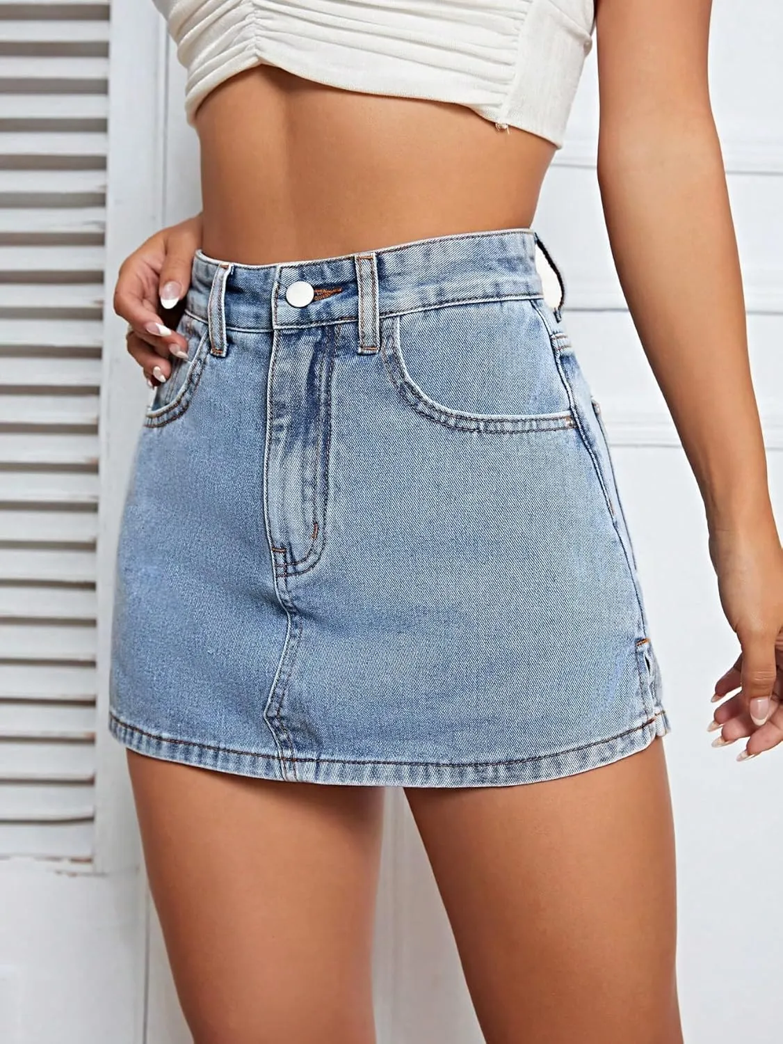 Floerns Women's High Waist Zipper Button Denim Shorts Jean Skort with Pockets