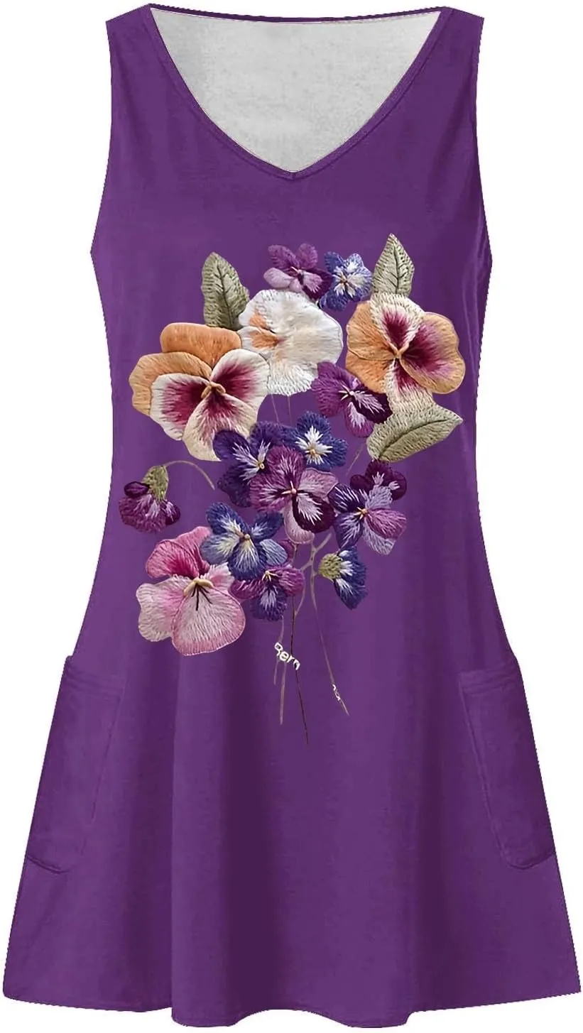 Floral Print Dresses for Women - Casual V-Neck Sundresses, Vintage Sleeveless Tshirt Dresses,Summer Beachwear 2025