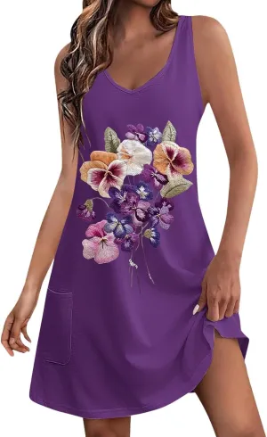 Floral Print Dresses for Women - Casual V-Neck Sundresses, Vintage Sleeveless Tshirt Dresses,Summer Beachwear 2025