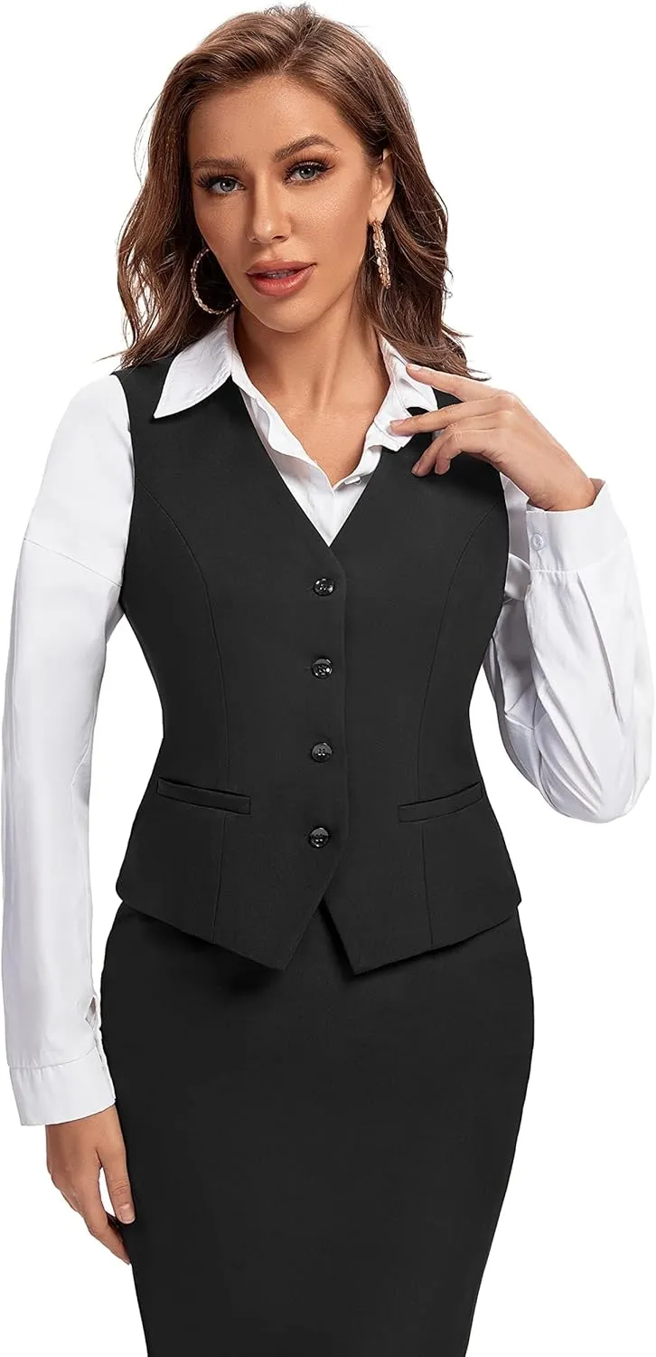Foucome Women's Formal Regular Fitted Business Dress Suits Button Down Vest Waistcoat