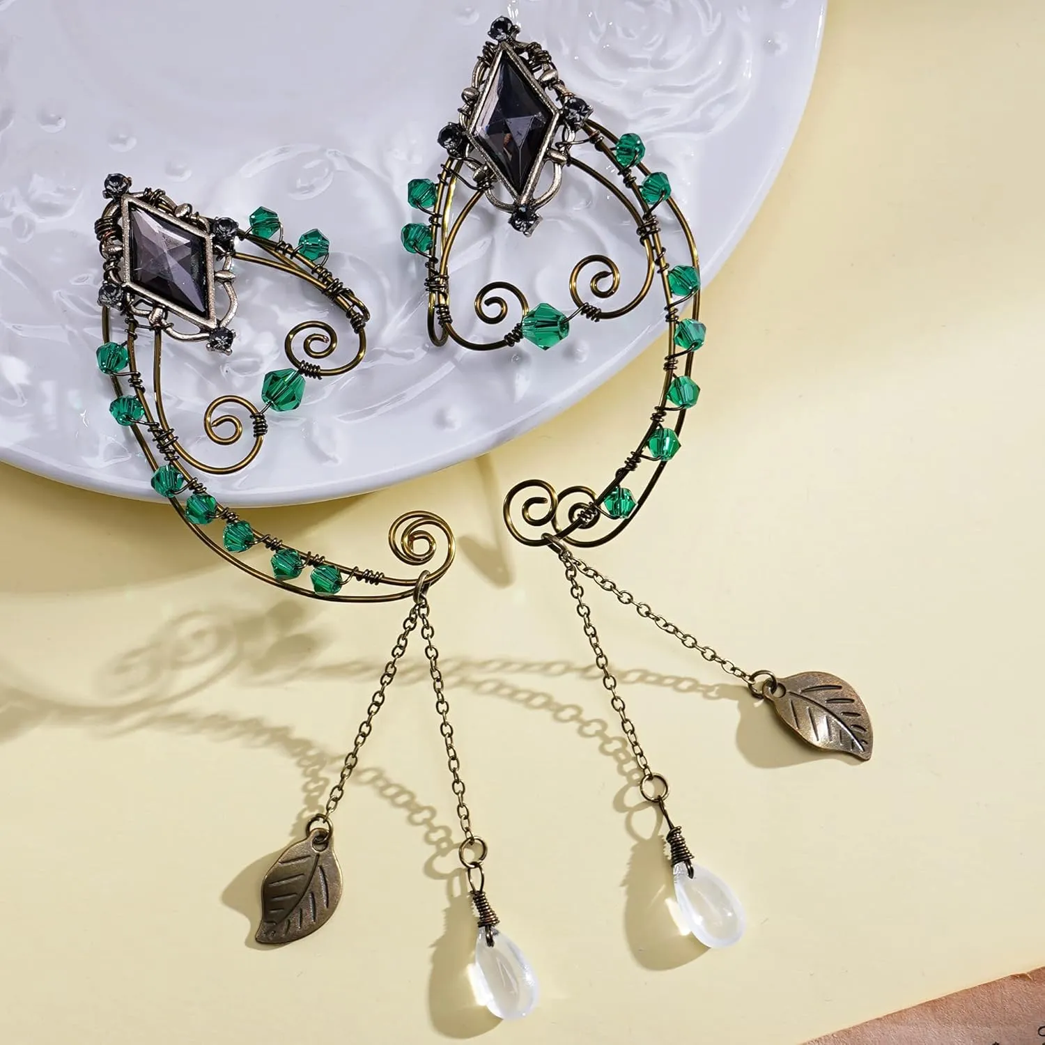 FRESHME Fairy Elf Ear Cuffs - Handmade Bronze Antique Vintage Cuffs Drop Dangling Ear Clips Wraps for Women s Costume