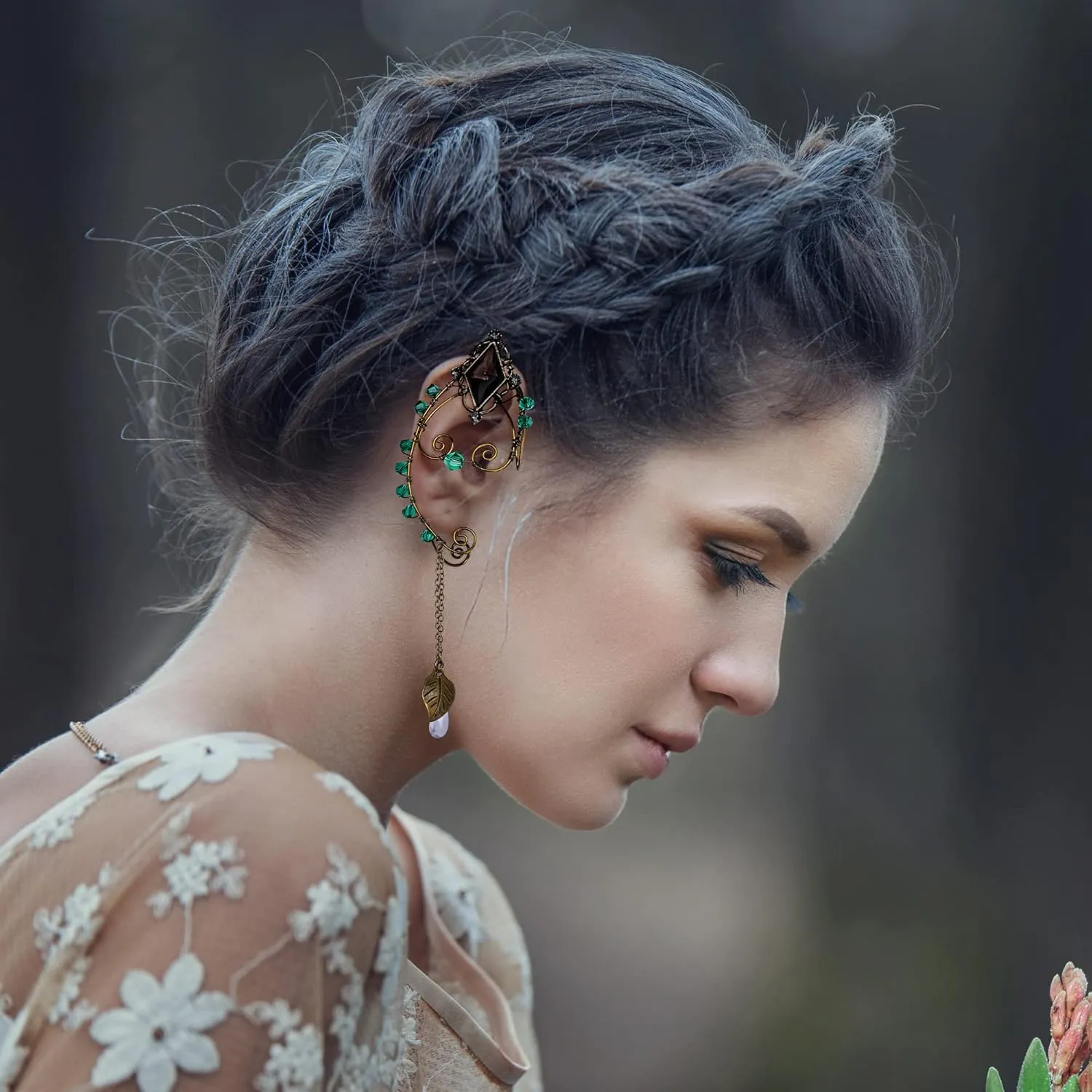 FRESHME Fairy Elf Ear Cuffs - Handmade Bronze Antique Vintage Cuffs Drop Dangling Ear Clips Wraps for Women s Costume