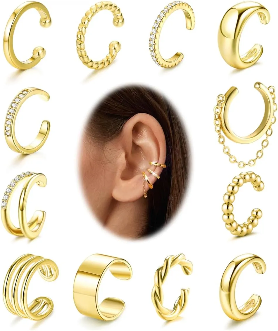 FUNRUN JEWELRY 12 Pcs Ear Cuffs Non Piercing for Women 14K Gold Plated Adjustable Cuff Earrings Non Pierced Cubic Zirconia Ear Cuff Clip on Cartilage Fake Earrings Jewelry