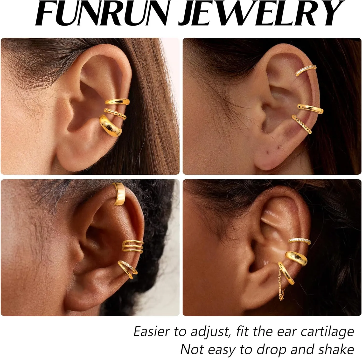 FUNRUN JEWELRY 12 Pcs Ear Cuffs Non Piercing for Women 14K Gold Plated Adjustable Cuff Earrings Non Pierced Cubic Zirconia Ear Cuff Clip on Cartilage Fake Earrings Jewelry