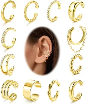 FUNRUN JEWELRY 12 Pcs Ear Cuffs Non Piercing for Women 14K Gold Plated Adjustable Cuff Earrings Non Pierced Cubic Zirconia Ear Cuff Clip on Cartilage Fake Earrings Jewelry