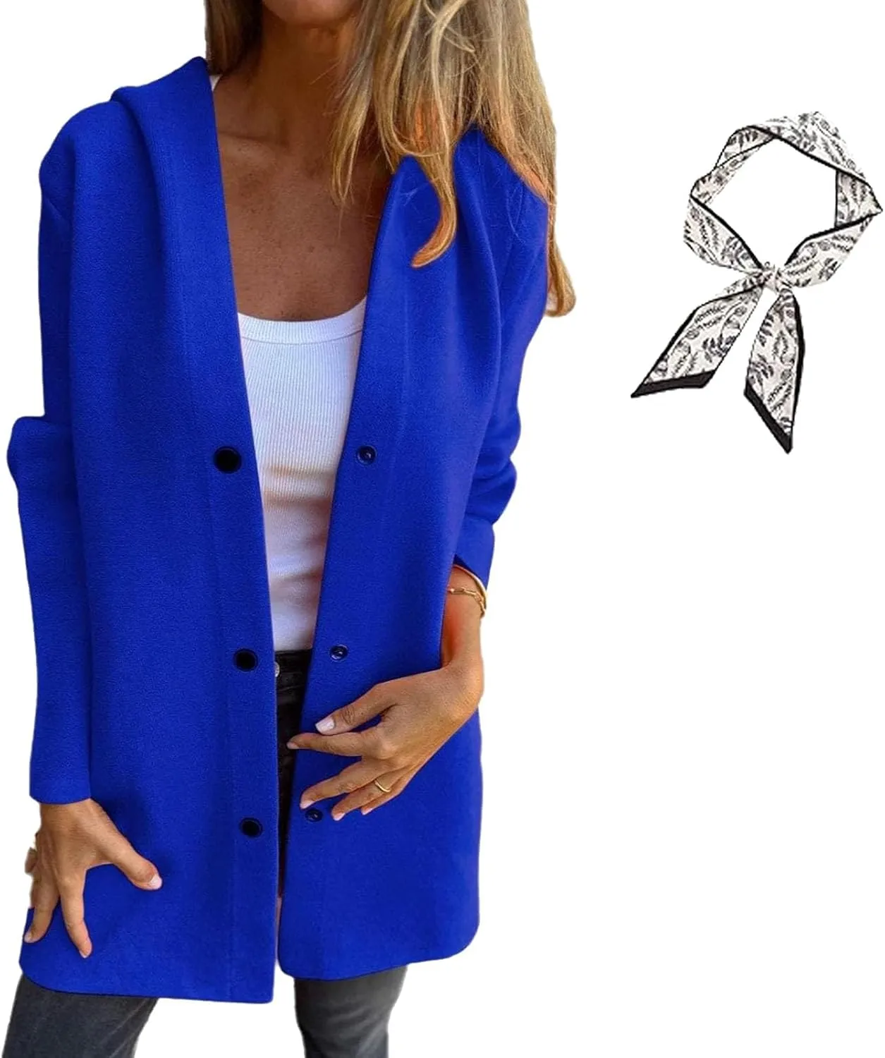 GDSAFS Casual Single Breasted Hooded Jacket, Lapel Neck Long Sleeve Solid Color Trench Coat for Women