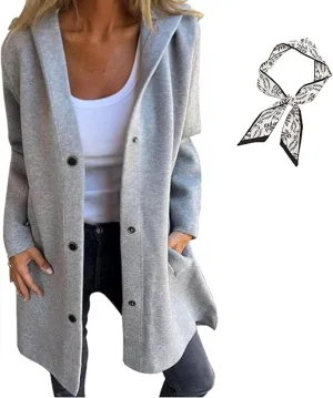 GDSAFS Casual Single Breasted Hooded Jacket, Lapel Neck Long Sleeve Solid Color Trench Coat for Women