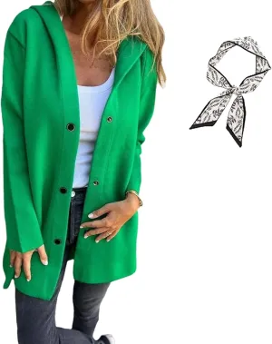 GDSAFS Casual Single Breasted Hooded Jacket, Lapel Neck Long Sleeve Solid Color Trench Coat for Women