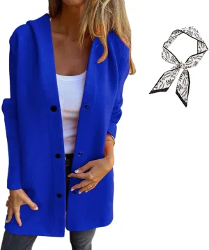 GDSAFS Casual Single Breasted Hooded Jacket, Lapel Neck Long Sleeve Solid Color Trench Coat for Women